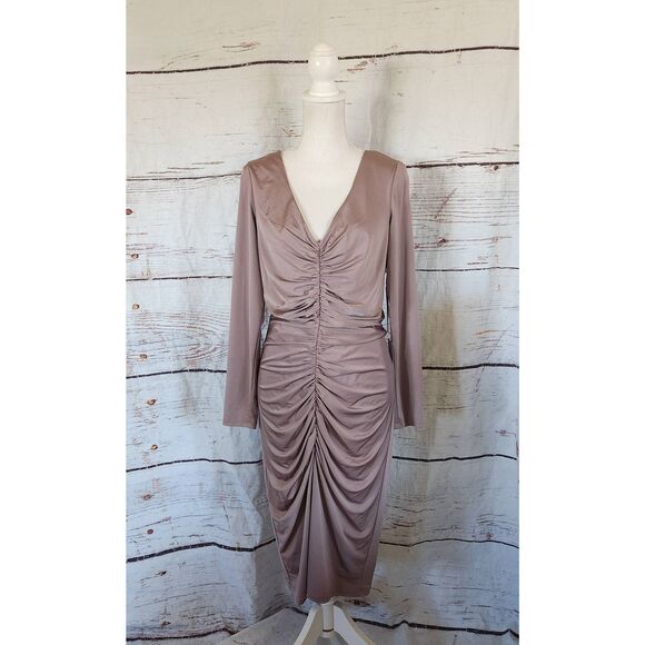 Eliza J Taupe Long Sleeve Ruched Cocktail Dress Size 14 NWT - Picture 2 of 7